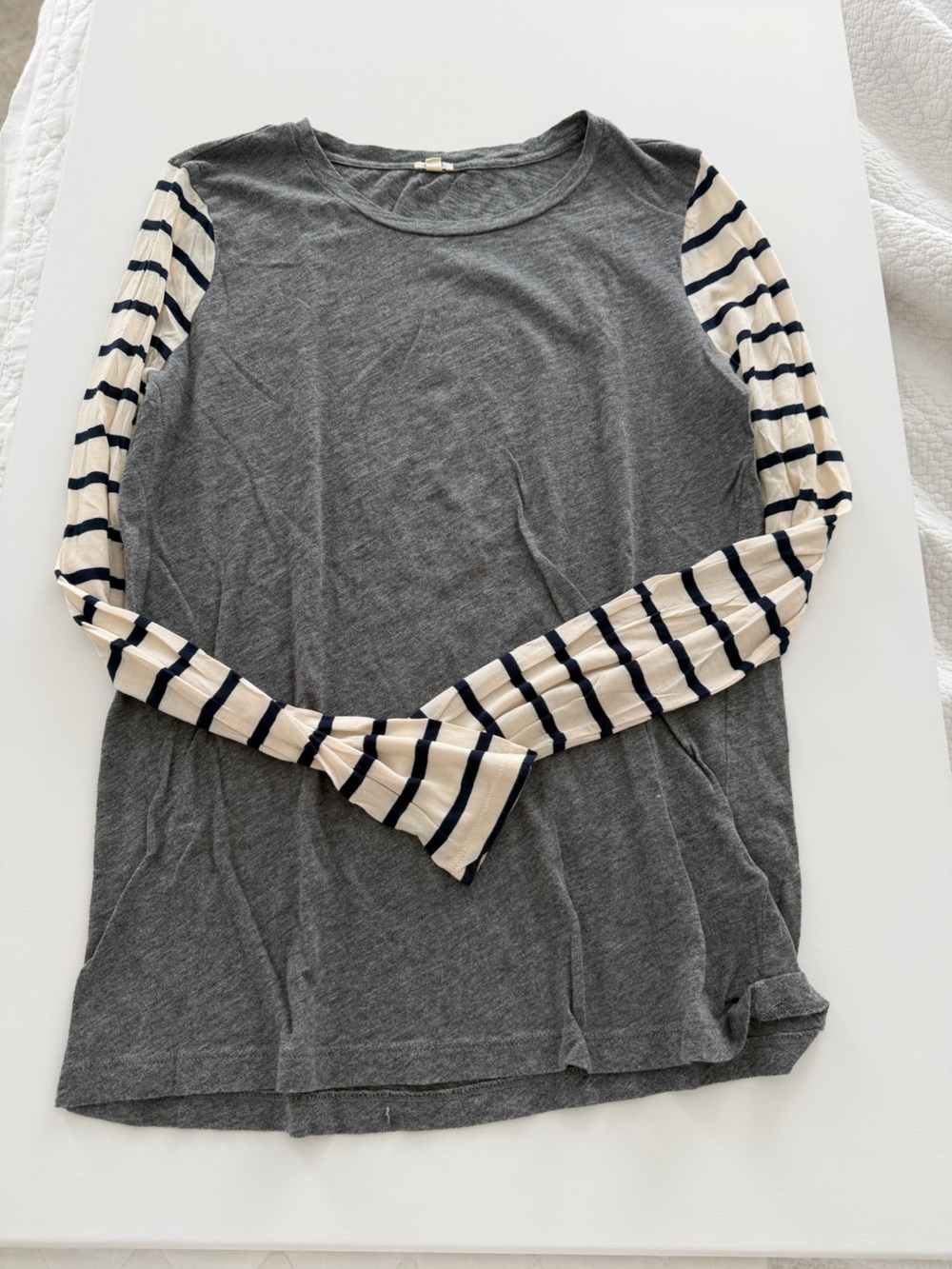J. Crew Gray Long Sleeve Tee with Cream and Navy Striped Sleeves